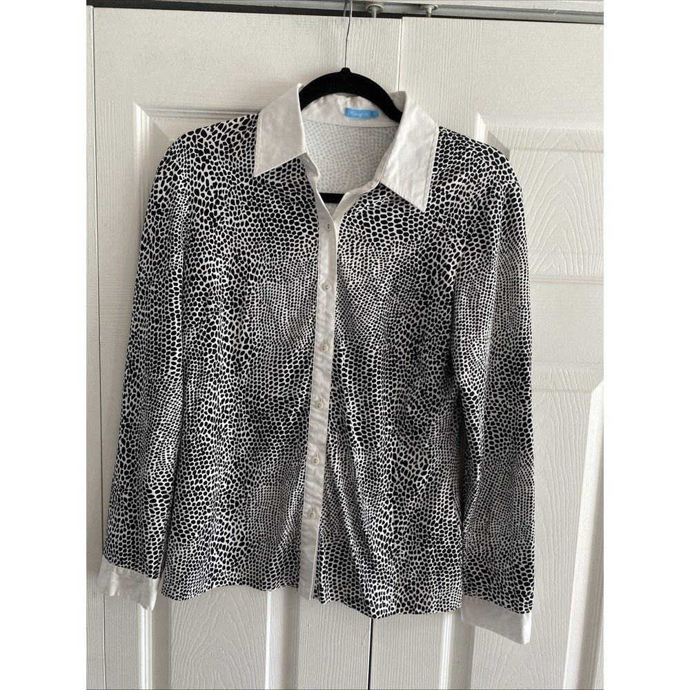 J.‎ McLaughlin Pebble Print Button Down Womens Size M Black White Preppy Stretch